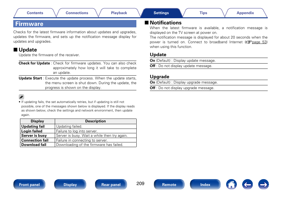 Firmware, 2 update, 2 notifications | Marantz SR7008 User Manual | Page 209 / 286