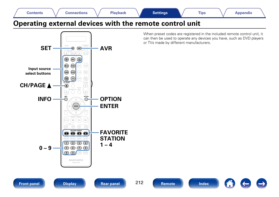 Operating external devices, With the remote control unit | Marantz SR7008 User Manual | Page 212 / 286