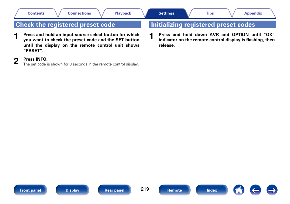 Check the registered preset code, Initializing registered preset codes | Marantz SR7008 User Manual | Page 219 / 286