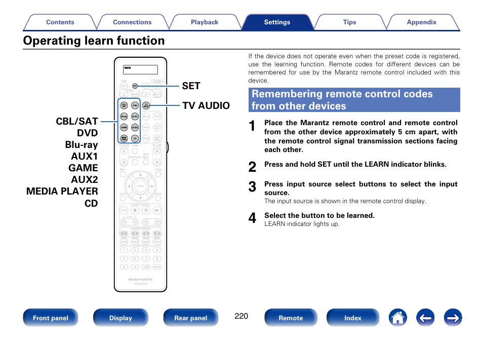 Operating learn function | Marantz SR7008 User Manual | Page 220 / 286