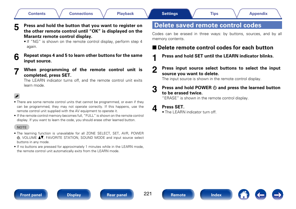 Delete saved remote control codes | Marantz SR7008 User Manual | Page 221 / 286