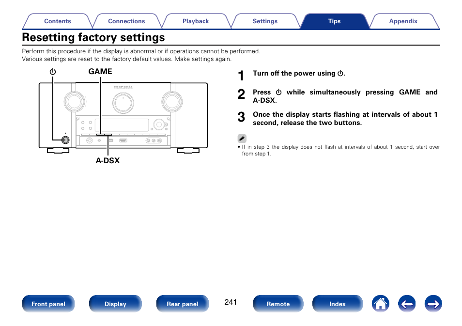 Resetting factory settings | Marantz SR7008 User Manual | Page 241 / 286
