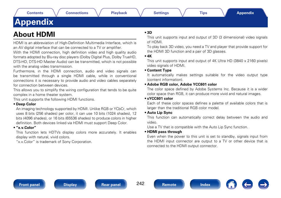 Appendix, About hdmi | Marantz SR7008 User Manual | Page 242 / 286