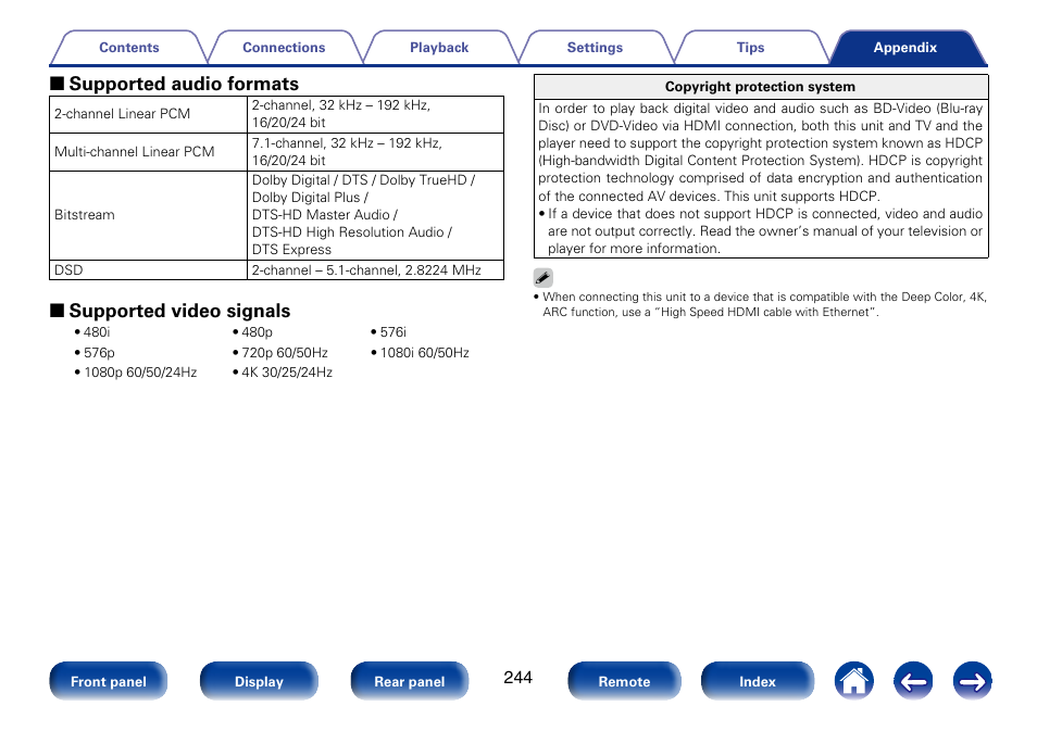 2 supported audio formats, 2 supported video signals | Marantz SR7008 User Manual | Page 244 / 286