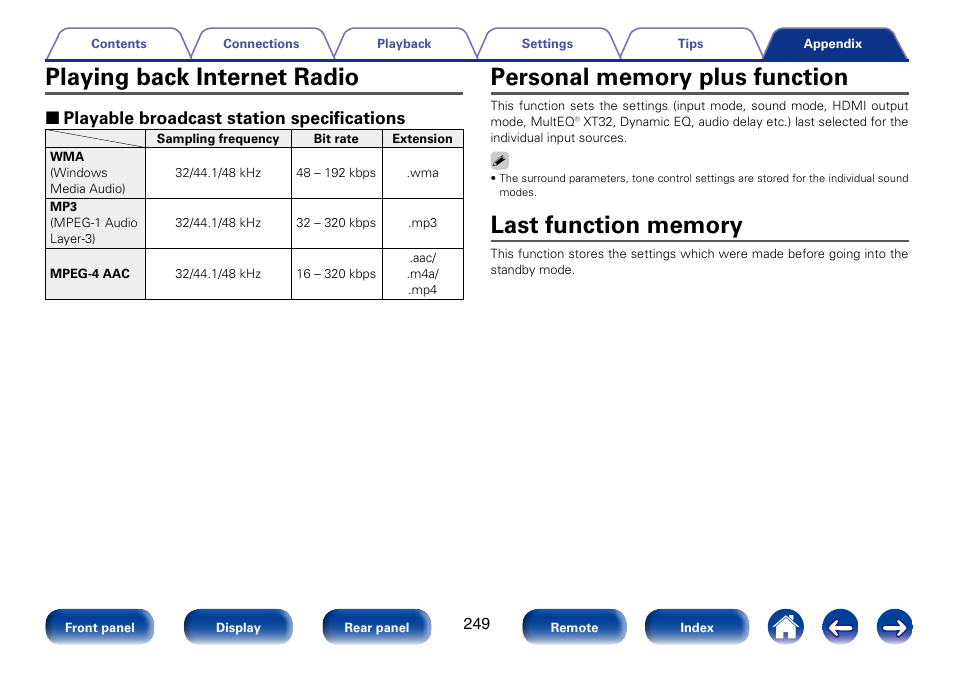 Playing back internet radio, Personal memory plus function, Last function memory | 2 playable broadcast station specifications | Marantz SR7008 User Manual | Page 249 / 286
