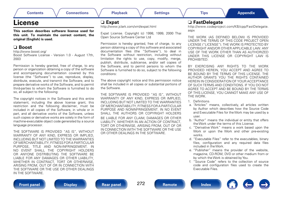 License, N boost, N expat | N fastdelegate | Marantz SR7008 User Manual | Page 272 / 286