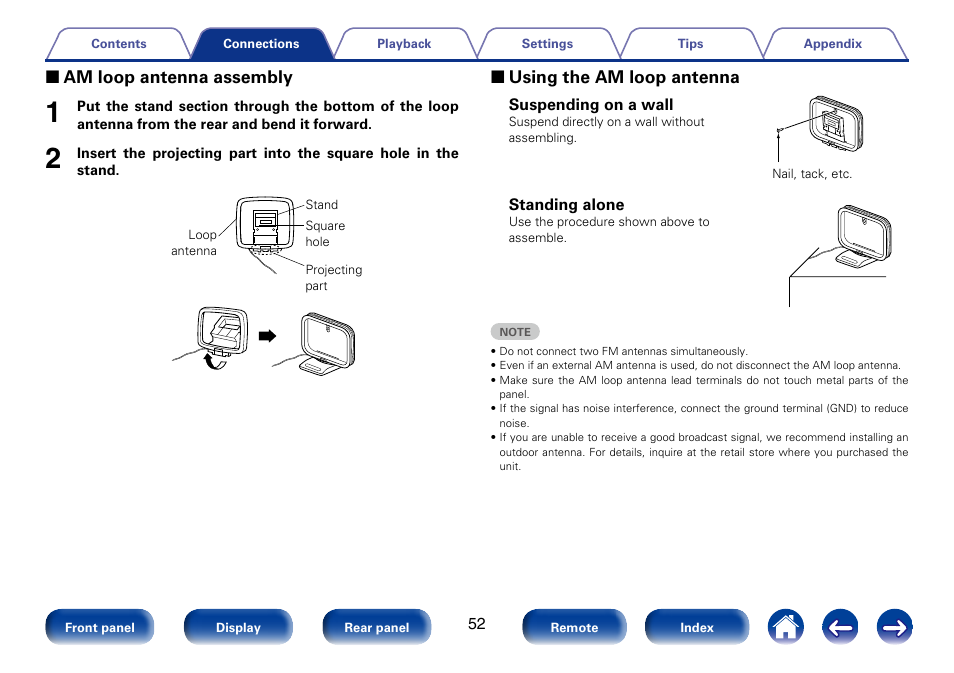 2 am loop antenna assembly, 2 using the am loop antenna | Marantz SR7008 User Manual | Page 52 / 286