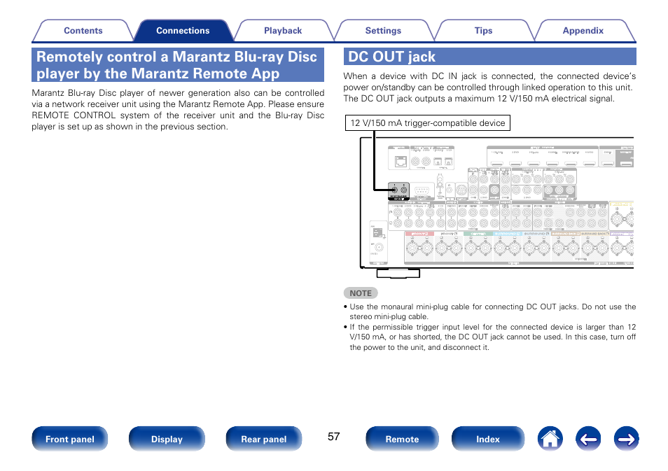 Dc out jack, Remotely control a marantz blu-ray disc player | Marantz SR7008 User Manual | Page 57 / 286