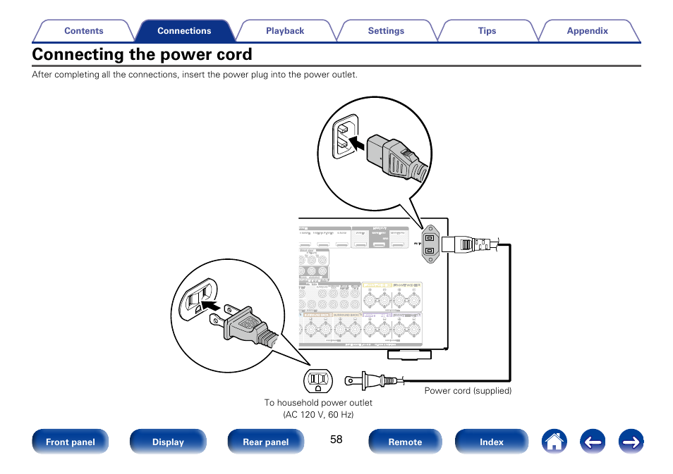 Connecting the power cord | Marantz SR7008 User Manual | Page 58 / 286