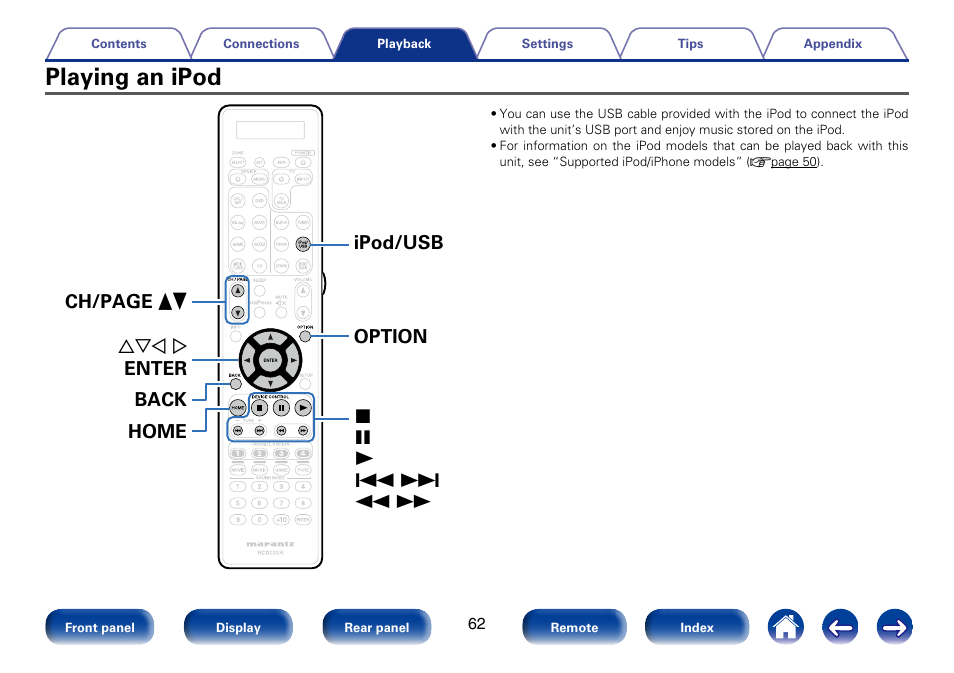 Playing an ipod | Marantz SR7008 User Manual | Page 62 / 286