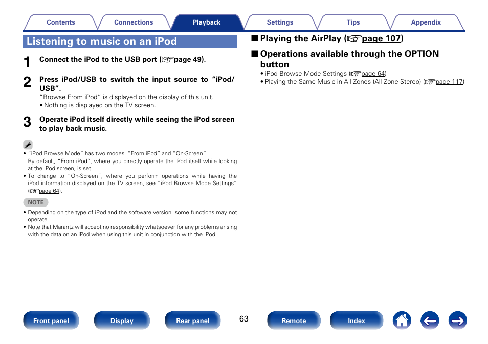 Listening to music on an ipod | Marantz SR7008 User Manual | Page 63 / 286