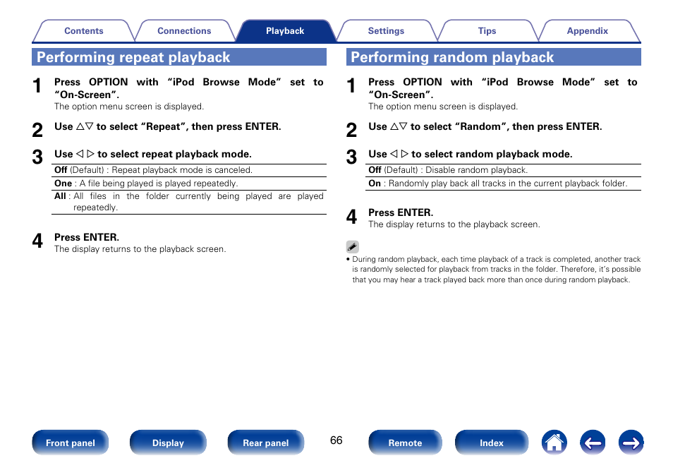 Performing repeat playback, Performing random playback | Marantz SR7008 User Manual | Page 66 / 286