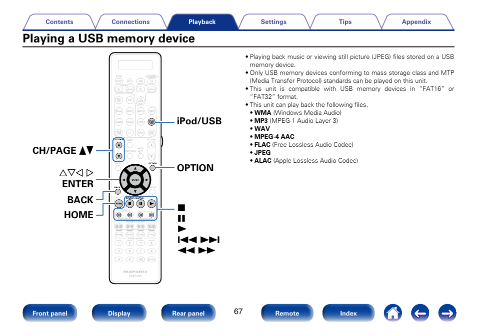 Playing a usb memory device | Marantz SR7008 User Manual | Page 67 / 286