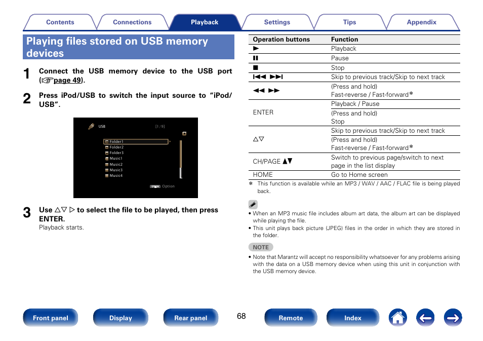 Playing files stored on usb memory devices | Marantz SR7008 User Manual | Page 68 / 286