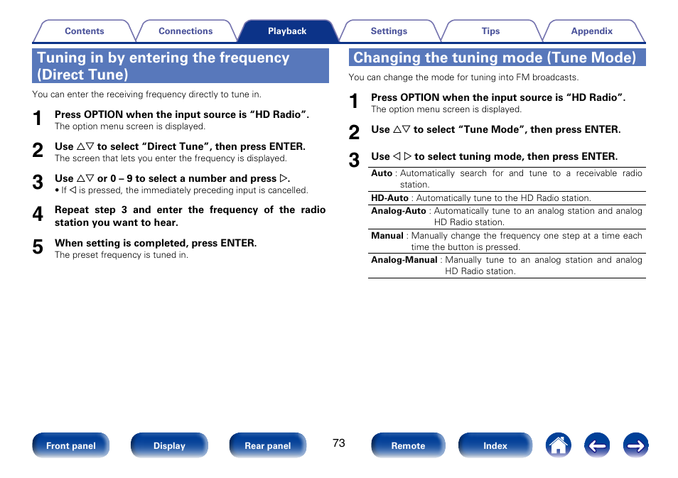 Tuning in by entering the frequency (direct tune), Changing the tuning mode (tune mode) | Marantz SR7008 User Manual | Page 73 / 286