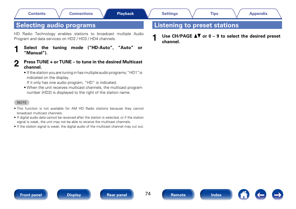 Selecting audio programs, Listening to preset stations | Marantz SR7008 User Manual | Page 74 / 286