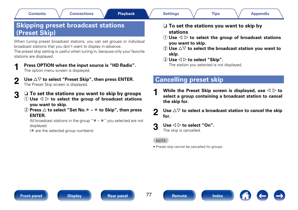 Skipping preset broadcast stations (preset skip), Cancelling preset skip | Marantz SR7008 User Manual | Page 77 / 286