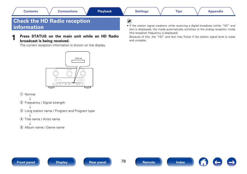 Check the hd radio reception information | Marantz SR7008 User Manual | Page 78 / 286