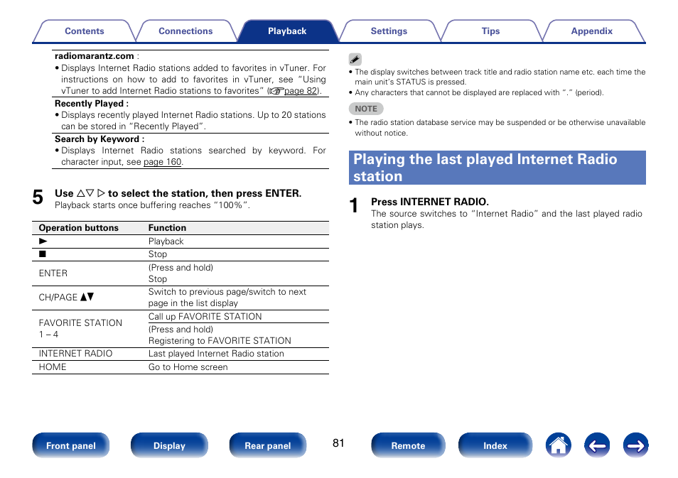 Playing the last played internet radio station | Marantz SR7008 User Manual | Page 81 / 286