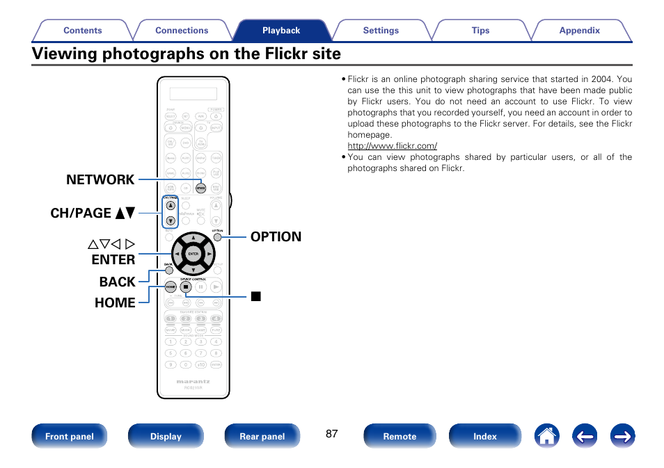 Viewing photographs on the flickr site, 2back option uio p enter home network ch/page df | Marantz SR7008 User Manual | Page 87 / 286