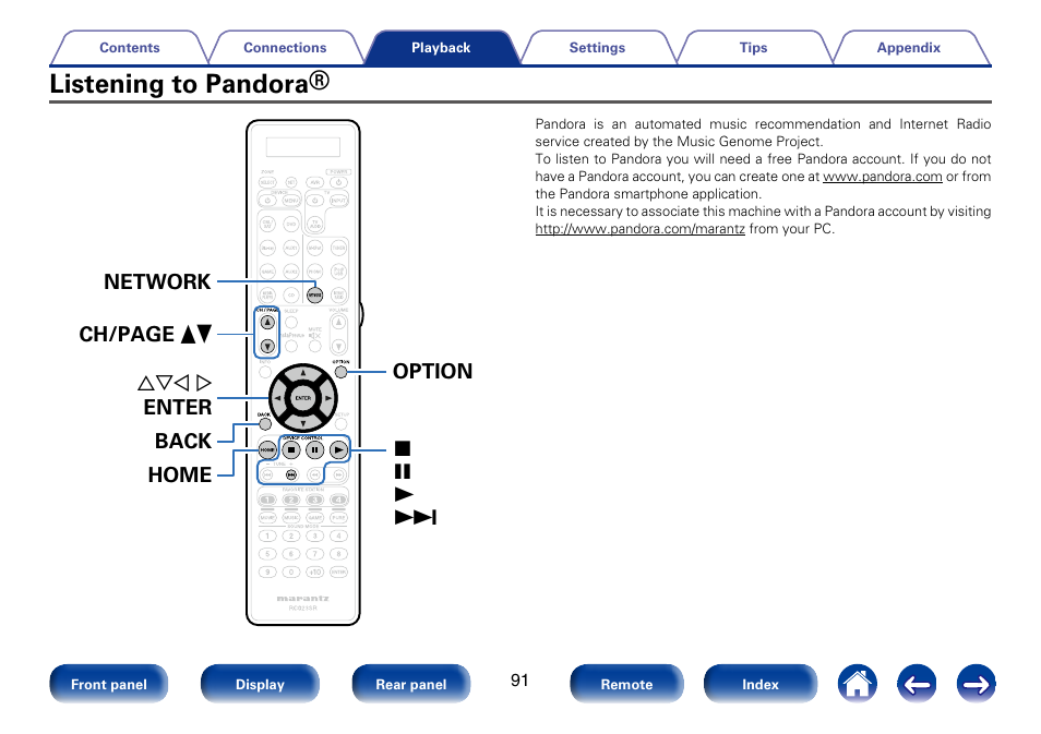 Listening to pandora | Marantz SR7008 User Manual | Page 91 / 286