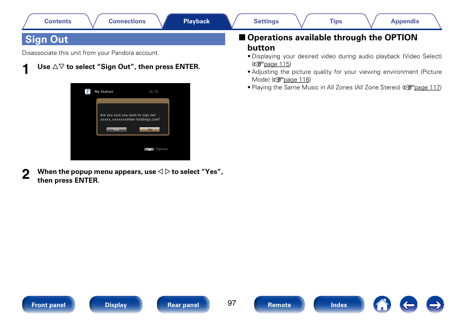 Sign out, 2 operations available through the option button | Marantz SR7008 User Manual | Page 97 / 286