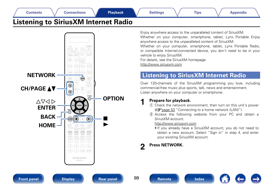 Listening to siriusxm internet radio | Marantz SR7008 User Manual | Page 98 / 286