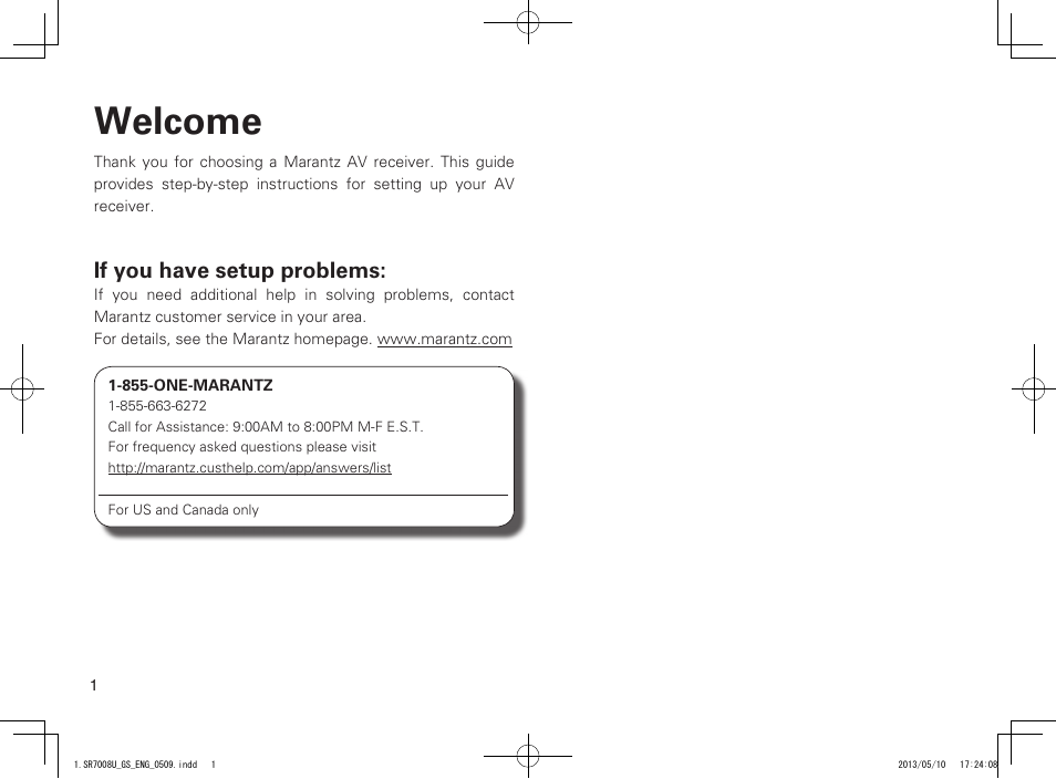 Welcome, If you have setup problems | Marantz SR7008 Getting Started User Manual | Page 2 / 10