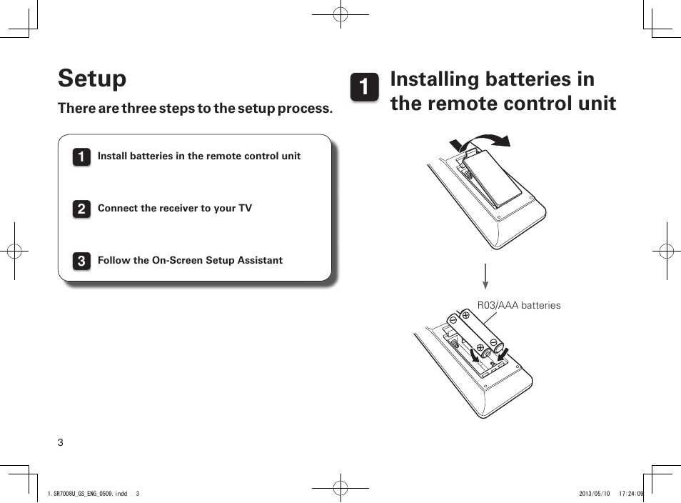 Setup, Installing batteries in the remote control unit | Marantz SR7008 Getting Started User Manual | Page 4 / 10