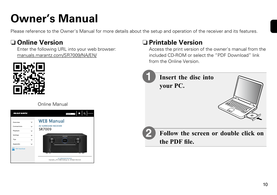 12 owner’s manual, N printable version, N online version | Marantz SR7009 User Manual | Page 11 / 12