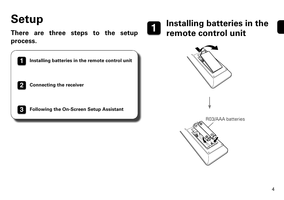 Setup, Installing batteries in the remote control unit | Marantz SR7009 User Manual | Page 5 / 12