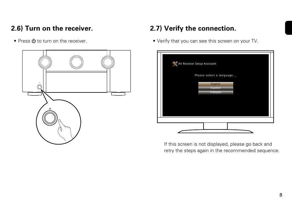 6) turn on the receiver, 7) verify the connection | Marantz SR7009 User Manual | Page 9 / 12