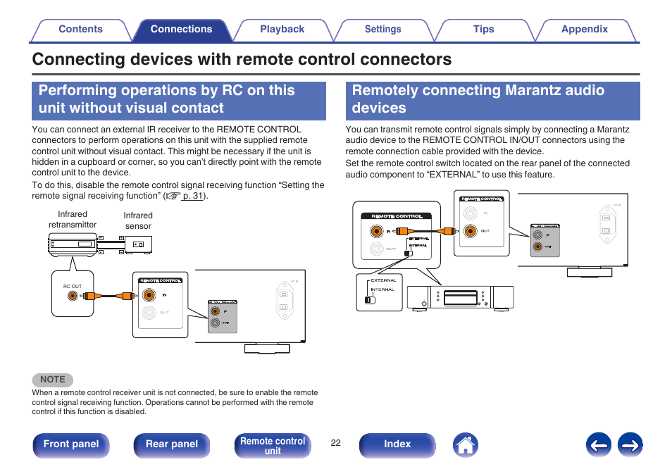Connecting devices with remote control connectors, Remotely connecting marantz audio devices, V p. 22) | Marantz PM5005 User Manual | Page 22 / 44