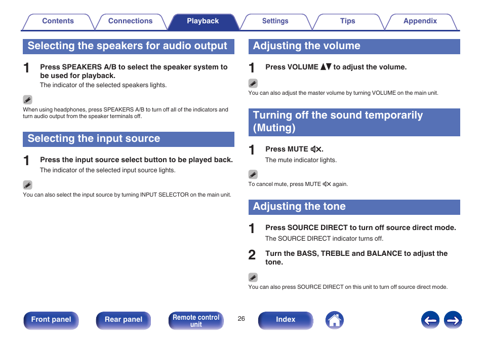 Selecting the speakers for audio output, Selecting the input source, Adjusting the volume | Turning off the sound temporarily (muting), Adjusting the tone, This selects the input source. (v p. 26), Input indicators ( v p. 26), This lights while the sound is muted. (v p. 26), These adjust the volume level. (v p. 26), V p. 26) | Marantz PM5005 User Manual | Page 26 / 44
