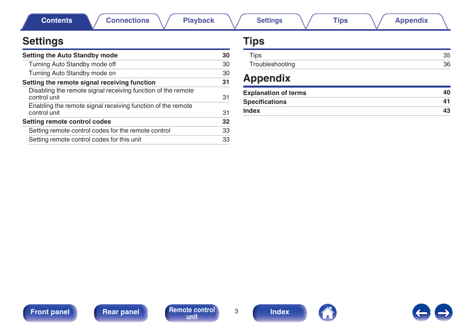 Settings, Tips, Appendix | Marantz PM5005 User Manual | Page 3 / 44