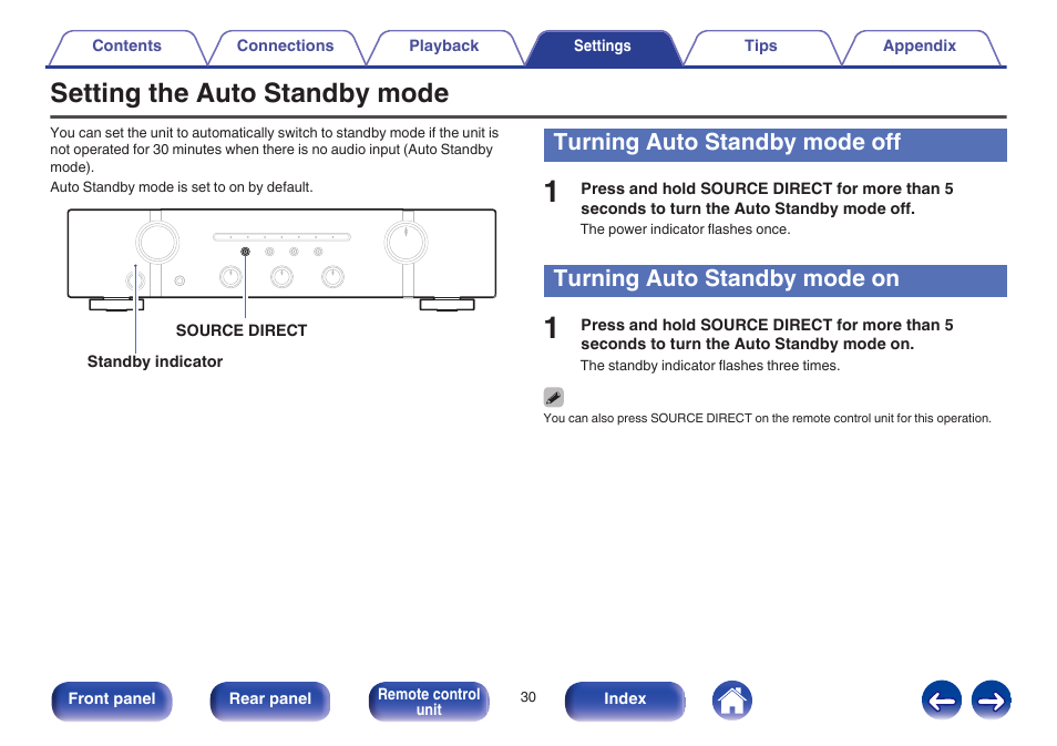 Setting the auto standby mode, Turning auto standby mode off, Turning auto standby mode on | Marantz PM5005 User Manual | Page 30 / 44