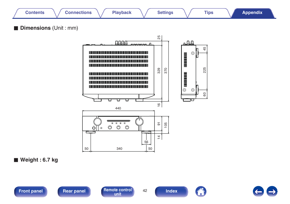 O dimensions (unit : mm), O weight : 6.7 kg | Marantz PM5005 User Manual | Page 42 / 44