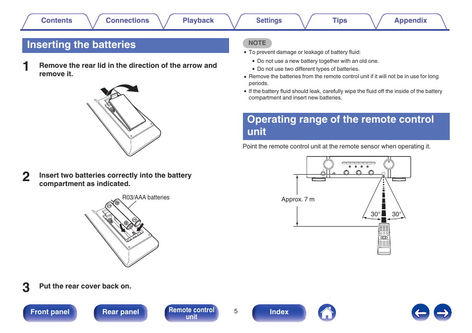 Inserting the batteries, Operating range of the remote control unit | Marantz PM5005 User Manual | Page 5 / 44