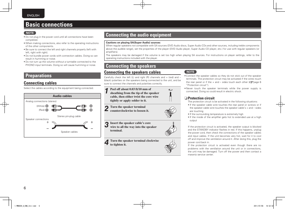 Basic connections, Preparations, Connecting the speakers | Connecting the audio equipment, Connecting cables, Connecting the speakers cables | Marantz PM6004 User Manual | Page 10 / 20