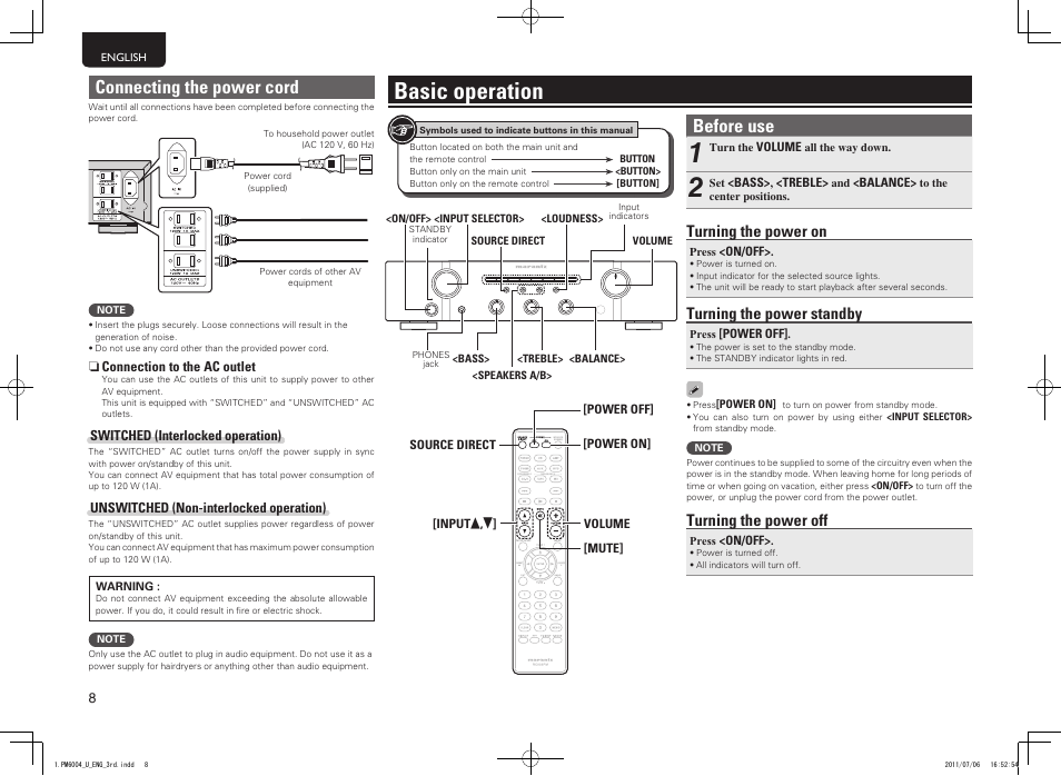 Basic operation, Connecting the power cord, Before use | Turning the power on, Turning the power standby, Turning the power off | Marantz PM6004 User Manual | Page 12 / 20