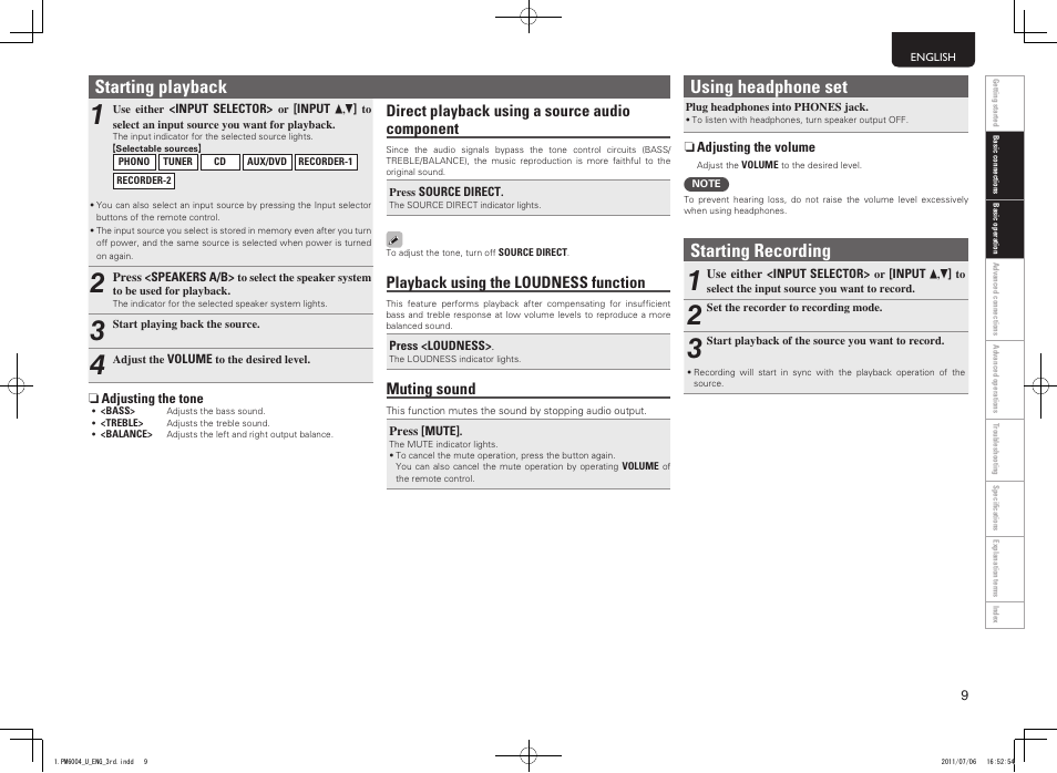 Starting playback using headphone set, Starting recording, Direct playback using a source audio component | Playback using the loudness function, Muting sound | Marantz PM6004 User Manual | Page 13 / 20