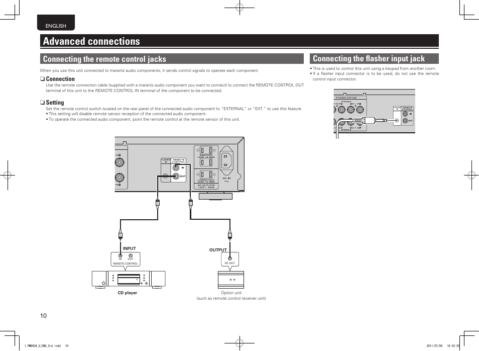 Advanced connections, Connecting the remote control jacks, Connecting the flasher input jack | Marantz PM6004 User Manual | Page 14 / 20