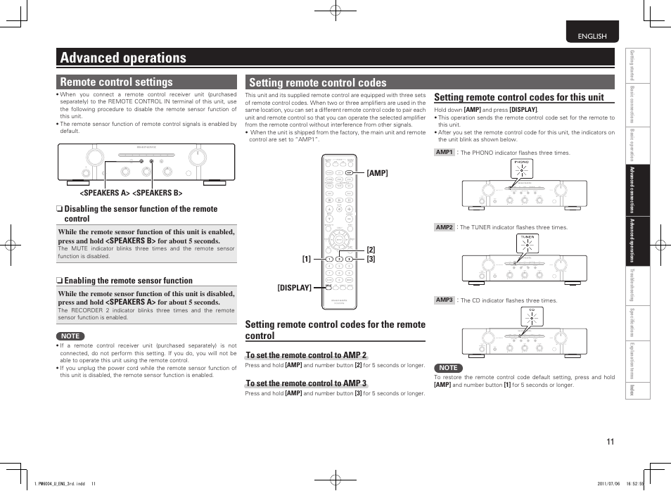 Advanced operations, Setting remote control codes, Remote control settings | Setting remote control codes for this unit | Marantz PM6004 User Manual | Page 15 / 20