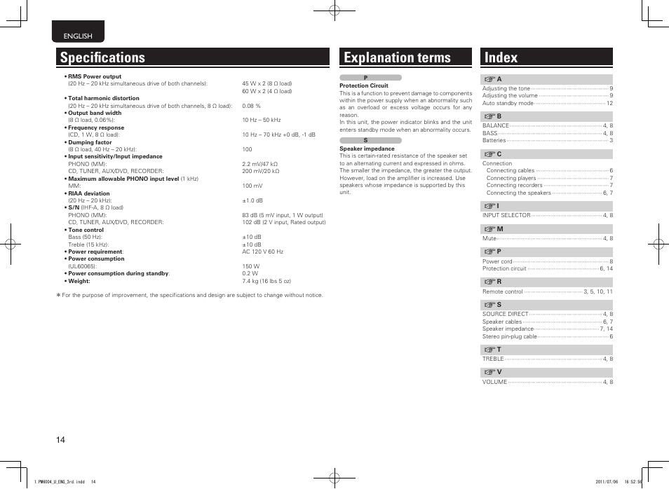Specifications index, Explanation terms | Marantz PM6004 User Manual | Page 18 / 20
