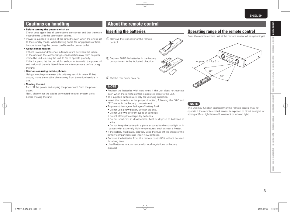 Cautions on handling, About the remote control, Inserting the batteries | Operating range of the remote control | Marantz PM6004 User Manual | Page 7 / 20