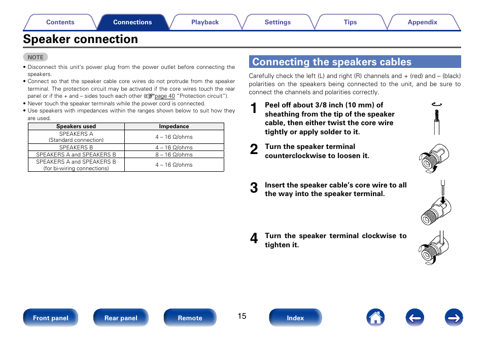 Speaker connection, Connecting the speakers cables | Marantz PM6005 User Manual | Page 15 / 44