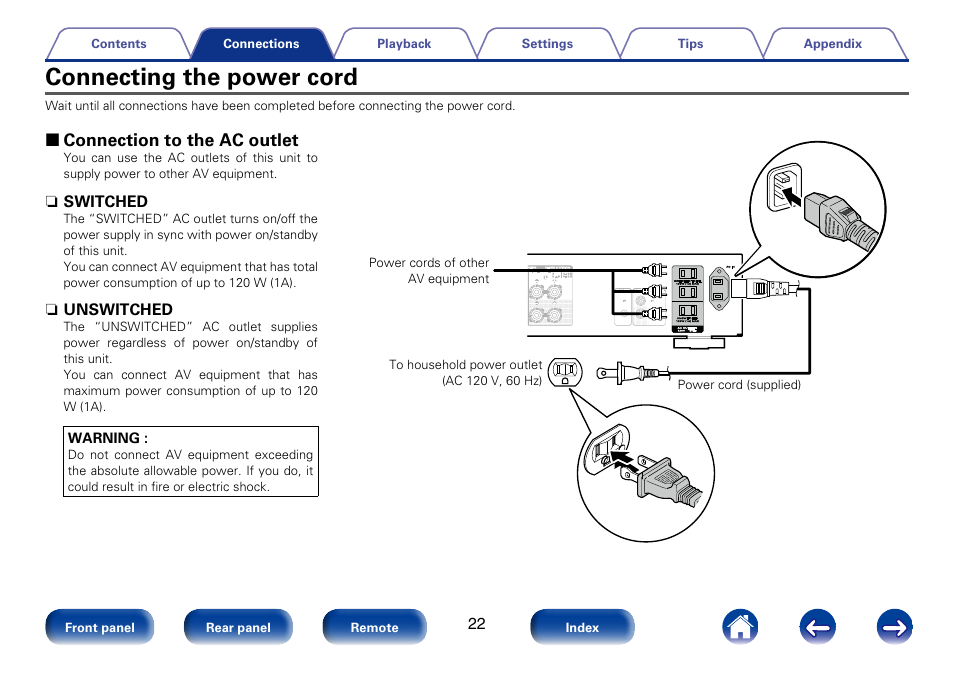 Connecting the power cord, 2 connection to the ac outlet | Marantz PM6005 User Manual | Page 22 / 44