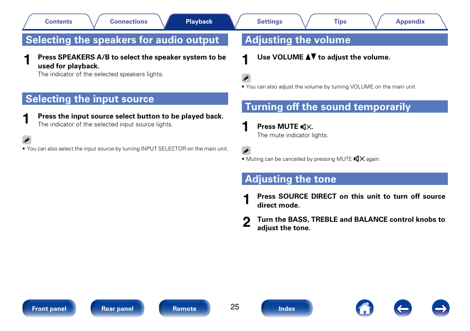 Selecting the speakers for audio output, Selecting the input source, Adjusting the volume | Turning off the sound temporarily, Adjusting the tone | Marantz PM6005 User Manual | Page 25 / 44
