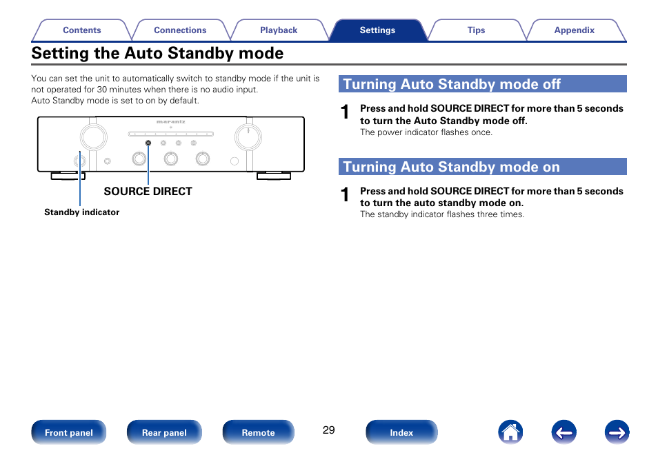 Setting the auto standby mode, Turning auto standby mode off, Turning auto standby mode on | Marantz PM6005 User Manual | Page 29 / 44