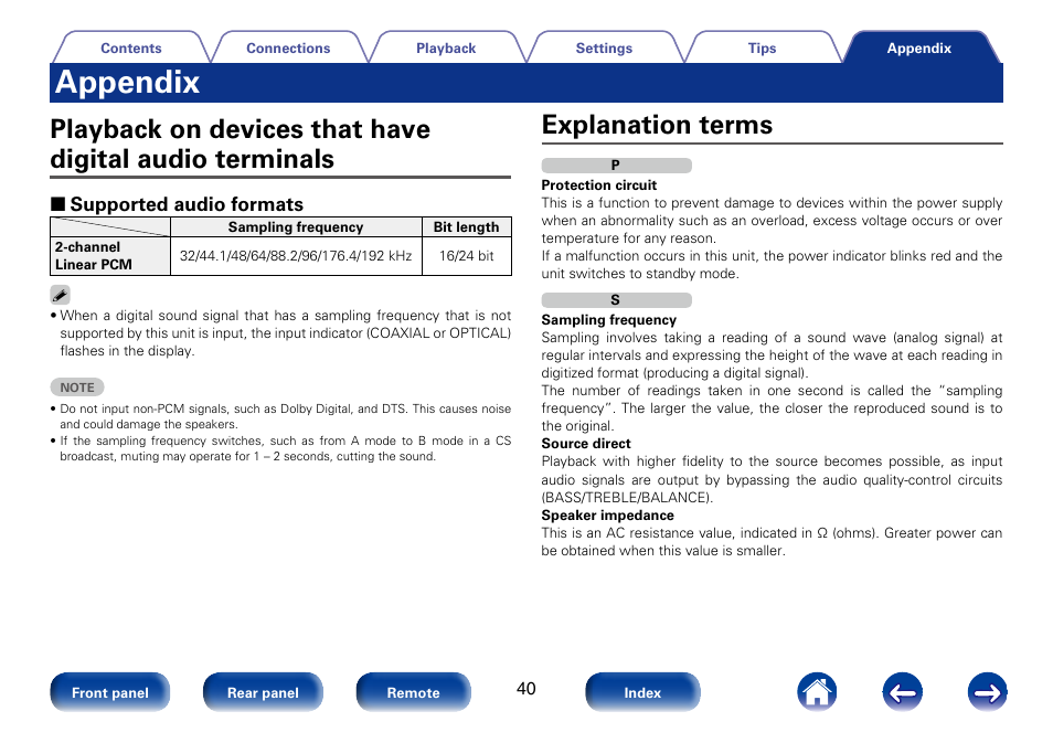 Appendix, Explanation terms, 2 supported audio formats | Marantz PM6005 User Manual | Page 40 / 44